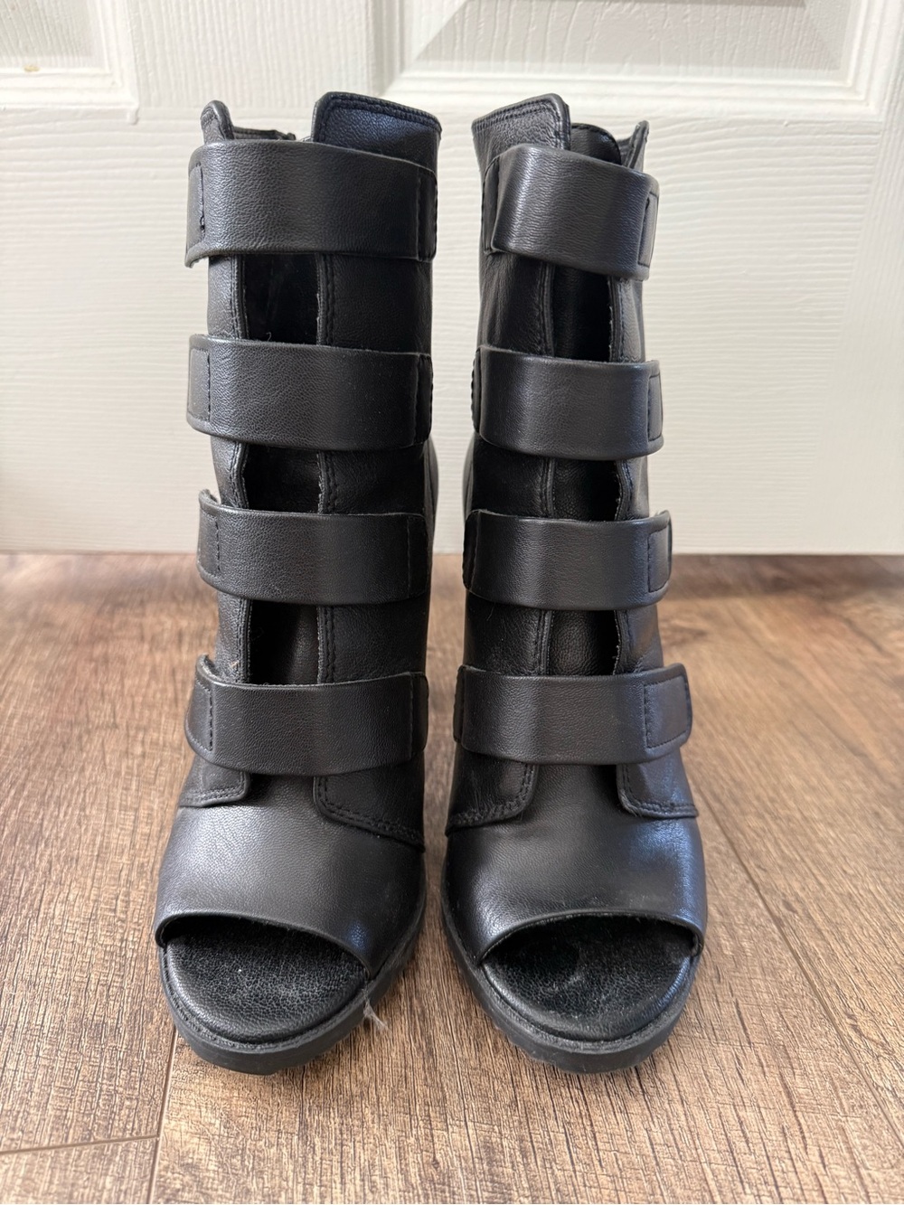 Women's Black Strappy Peep-Toe Heeled Boots